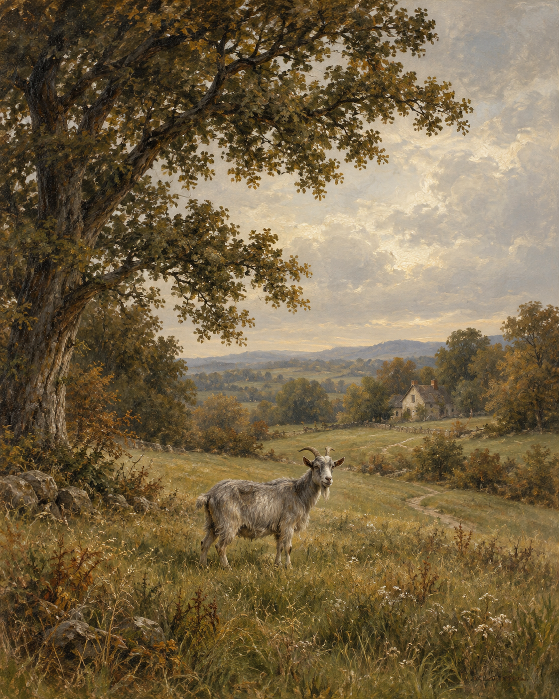 Softly painted oak leaves, rolling pasture, and a farmhouse in the original artwork