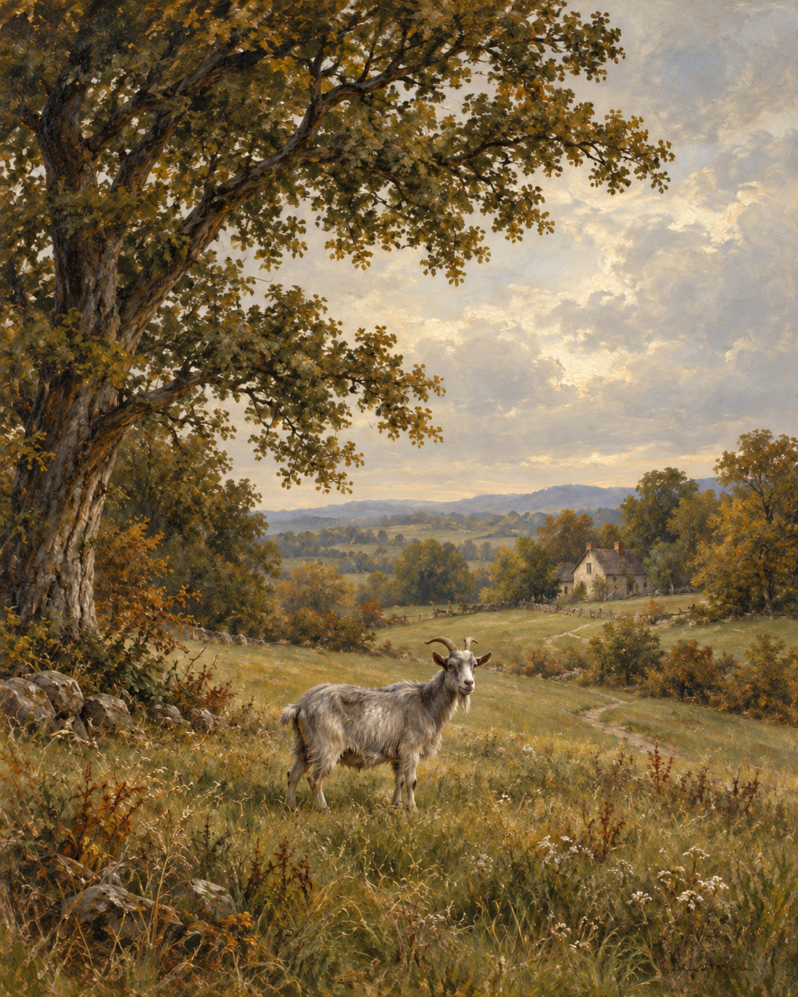Vintage-inspired painting of a gray goat in an autumn meadow, beneath a broad oak tree